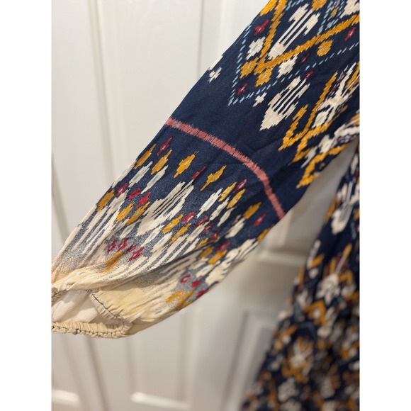 Wonderly Womens XL Navy Blue Ikat Print Embroidered Split Neck Maxi Dress Boho - Picture 5 of 8